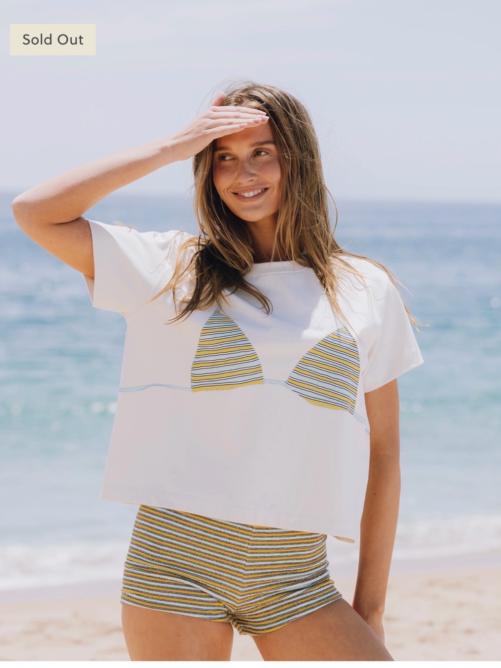 Daily Drills White Tee with Yellow & Blue Striped Bikini Graphic